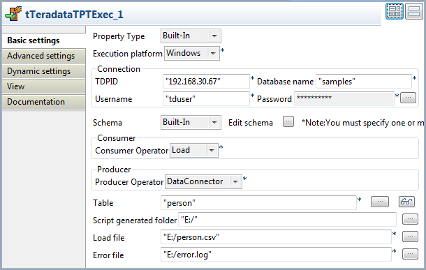 Vue Basic settings du tTeradataTPTExec.