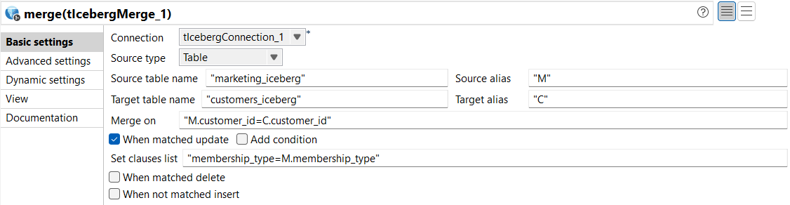 Propriétés du composant tIcebergMerge.