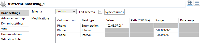 Configuration du composant tPatternUnmasking.