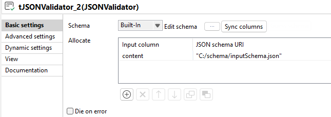 Configuration du tJSONValidator