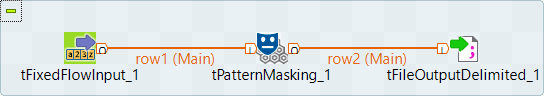 Job utilisant les composants tFixedFlowInput, tPatternMasking et tFileOutputDelimited.