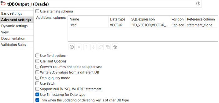 Vue Advanced settings de la configuration du tOracleOutput.