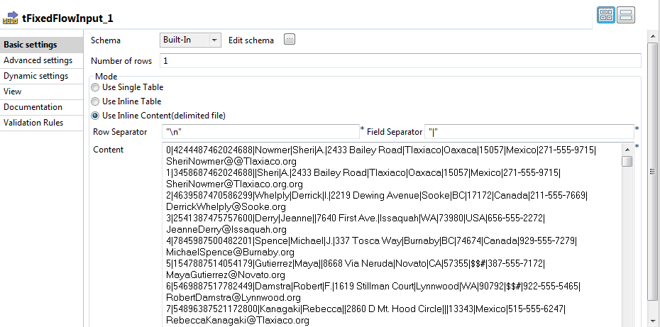 Configuration du composant tFixedFlowInput.