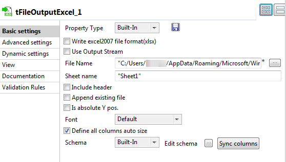 Configuration du composant tFileOutputExcel.