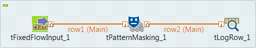 Job utilisant les composants tFixedFlowInput, tPatternMasking et tLogRow.