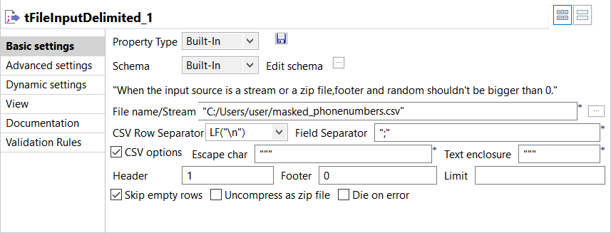 Configuration du tFileInputDelimited.