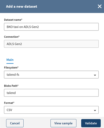 Configuration d'un nouveau jeu de données Azure Data Lake Storage Gen2.