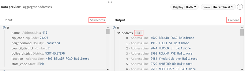 Dans l'aperçu des données de sortie (Output), les 50 adresses sont devenues une liste d'adresses.