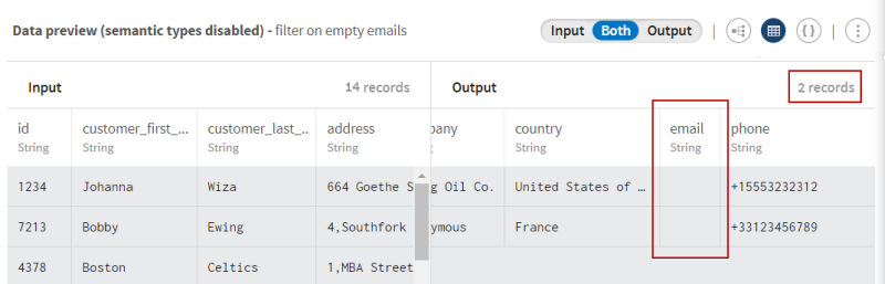 Dans l'aperçu des données de sortie (Output), deux enregistrements correspondent aux critères.