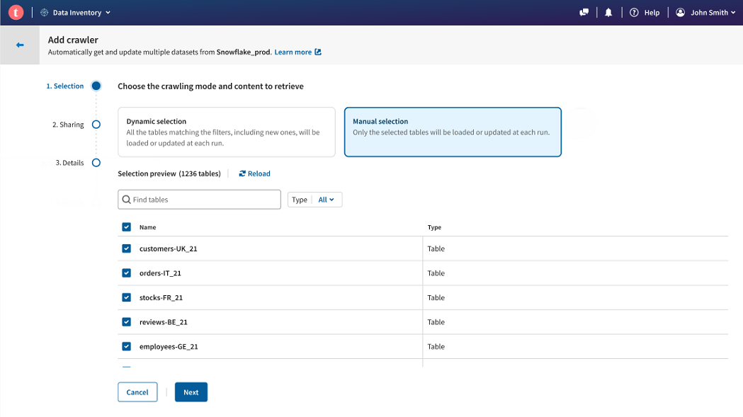 Import de toutes les tables disponibles depuis la sélection manuelle.