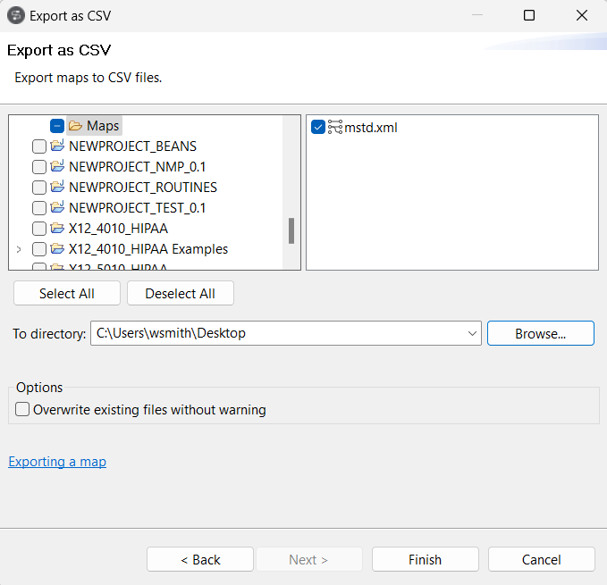 Boîte de dialogue Export as CSV (Exporter en CSV).