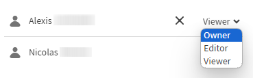 Liste déroulante affichant les droits d'accès des rôles Editor et Owner que vous pouvez sélectionner lors du partage d'un jeu de données.