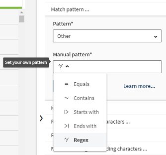 Option Regex sélectionnée dans le champ Manual pattern (Modèle manuel).