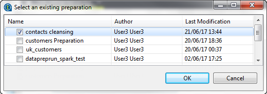 Boîte de dialogue Select an existing preparation (Sélectionner une préparation existante) ouverte dans le Studio Talend.