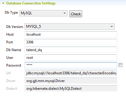 Section Database Connection Settings (Paramètres de connexion à la base de données)