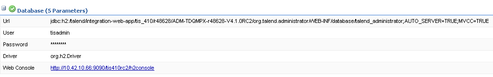 Les paramètres suivants s'affichent : URL, user (identifiant), password (mot de passe), driver (pilote) et console Web.