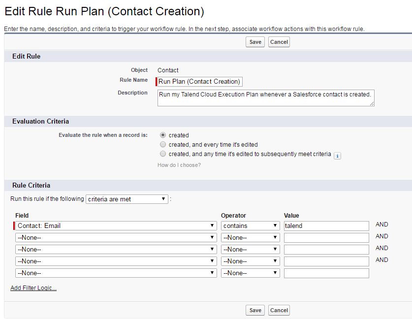 Page dans laquelle créer la règle de workflow.