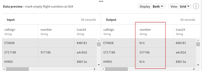 Aperçu du processeur Data Cleansing après remplacement des numéros de vols vides par le texte N/A.