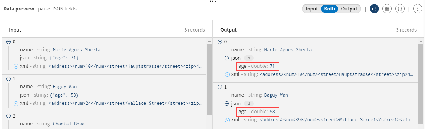 Aperçu du processeur Parser après parsage des enregistrements JSON contenant l'âge des utilisateur·trices.