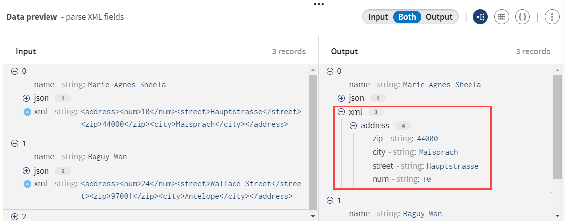 Aperçu du processeur Parser après parsage des enregistrements XML contenant l'adresse des utilisateur·trices.