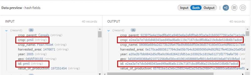 Aperçu du processeur Data hashing après hachage des enregistrements contenant les cultures et les ID.