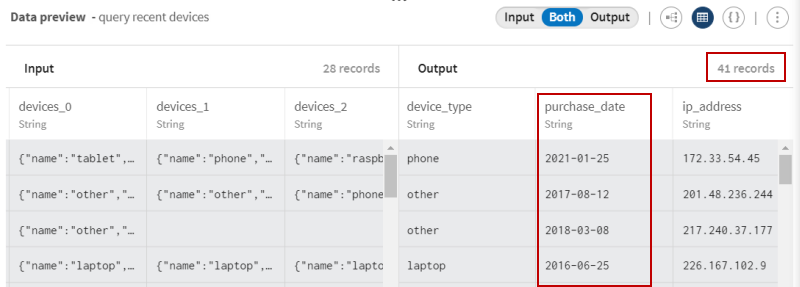 Aperçu du processeur Data Shaping Language après traitement des enregistrements liés aux appareils avec une requête.