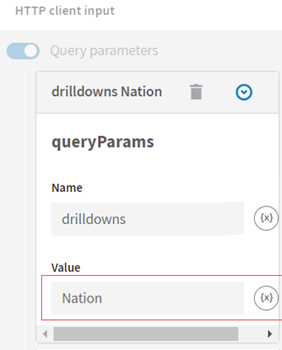 Dans le panneau Configuration de la source HTTP du client, l'icône représentant un X vous permettant d'ajouter des variables de contexte est sélectionnée, près de la valeur 'Nation'.