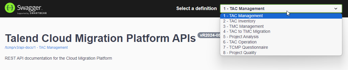 Page Swagger des API Qlik Talend Cloud Migration Toolkit.