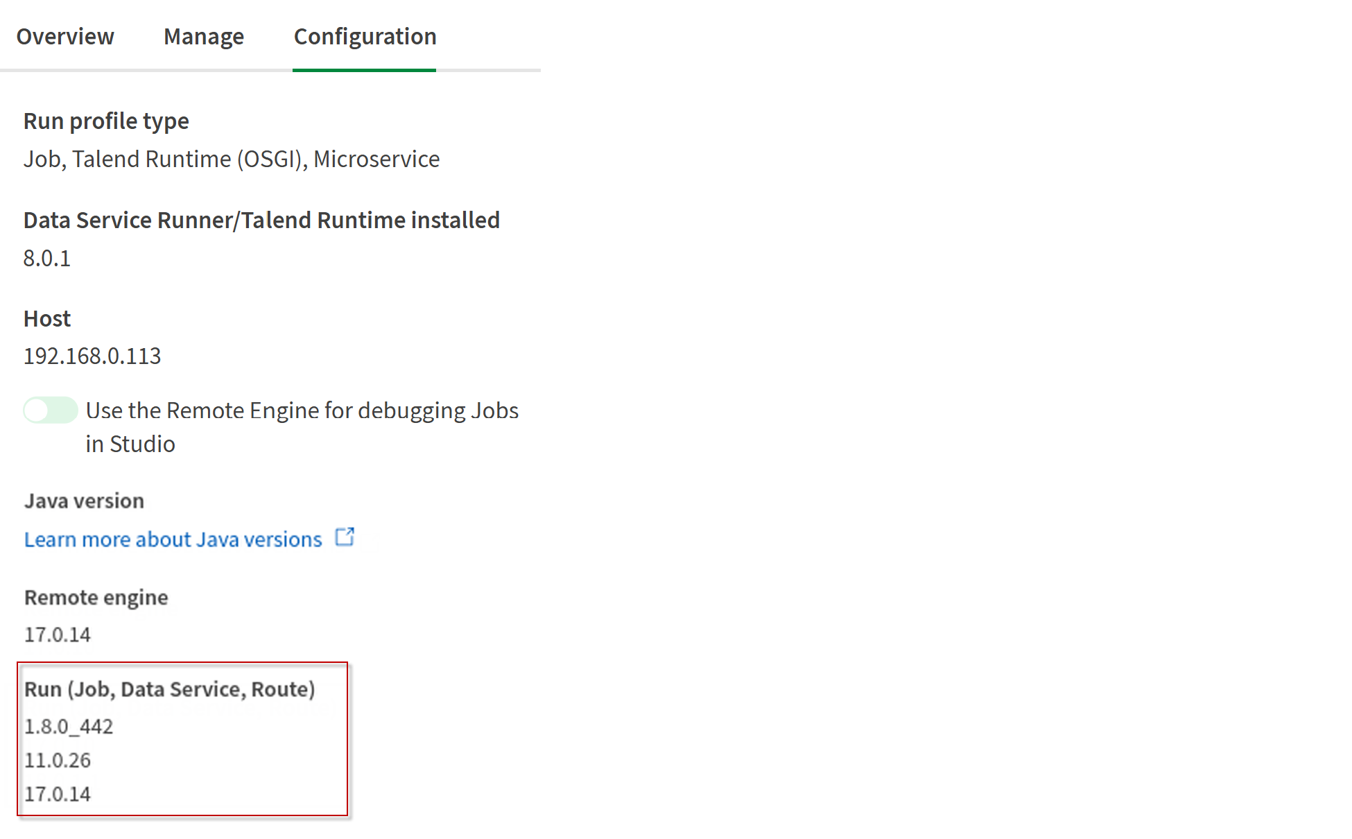 Versions de Java utilisées par un moteur