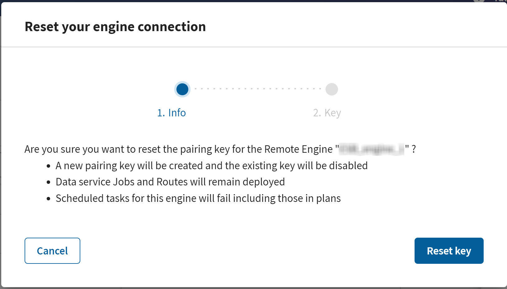 Capture d'écran de la fenêtre d'informations concernant la réinitialisation de la clé d'appairage du Remote Engine (moteur distant).