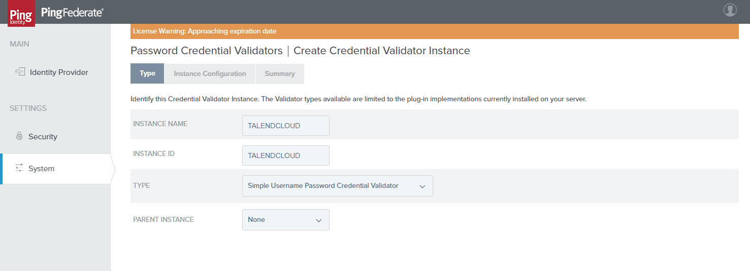 Dans cet exemple, la valeur d'Instance name et d'Instance ID est TALENDCLOUD. L'instance parente Parent instance est configurée à None (Aucune).