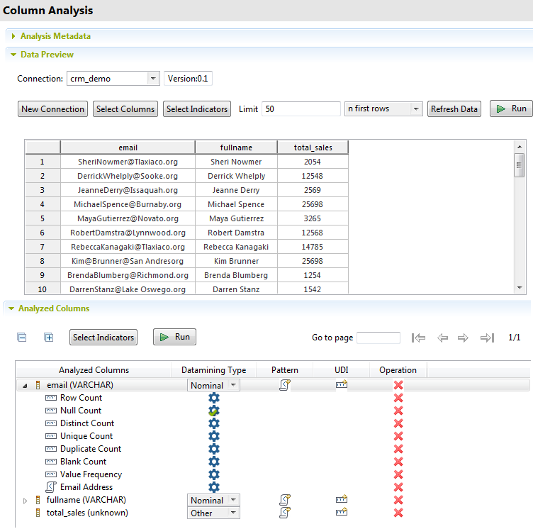 Vue d'ensemble des sections Data Preview (Aperçu des données) et Analyzed Columns (Colonnes analysées).