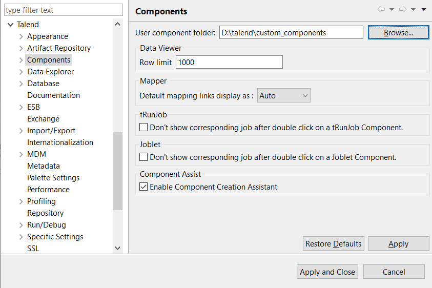 Configuration des Components (Composants) dans la fenêtre des Preferences (Préférences).