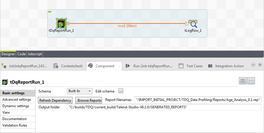 Job utilisant les composants tDqReportRun et tLogRow.