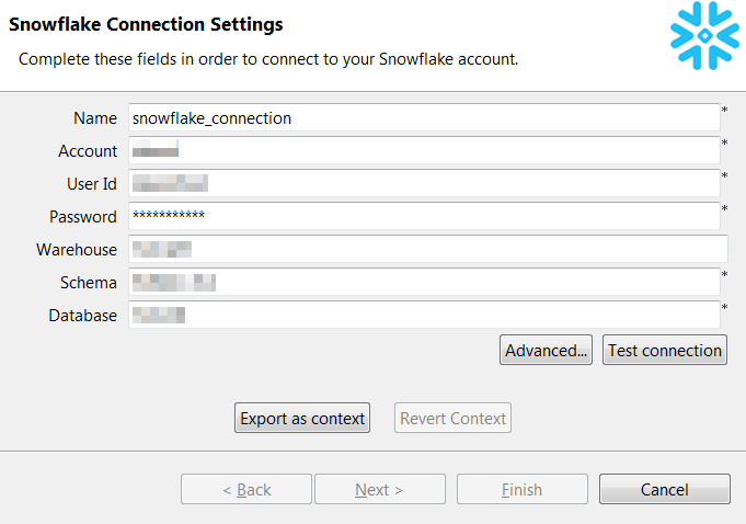 Boîte de dialogue Snowflake Connection Settings (Paramètres de la connexion à Snowflake).