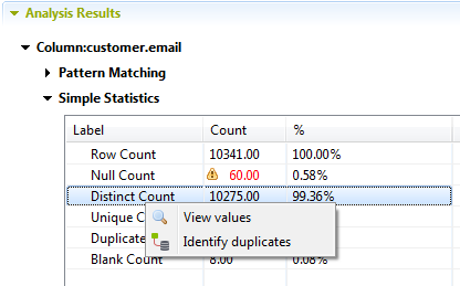 Menu contextuel d'un libellé dans la section Simple Statistics (Statistiques simples).