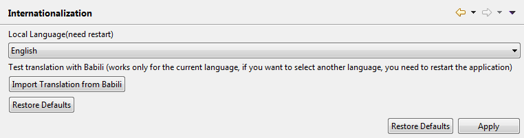 Vue Internationalization (Internationalisation) dans la fenêtre des Preferences (Préférences).