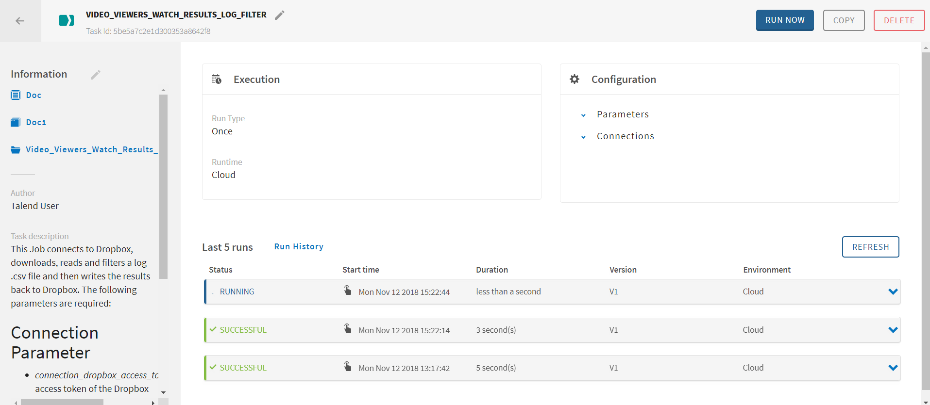 Page Task Details (Détails de la tâche) dans Talend Management Console.