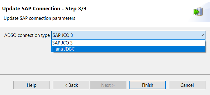 Boîte de dialogue Update SAP Connection - Step 3/3 (Mettre à jour la connexion SAP - Étape 3/3).