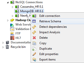 Option Retrieve Schema (Récupérer le schéma) sélectionnée via un clic-droit.