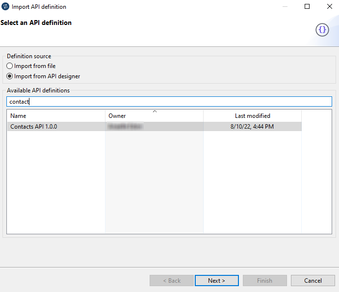 Boîte de dialogue Import API definition (Importer la définition de l'API) avec l'option Import from API Designer (Importer à partir d'API Designer) sélectionnée.