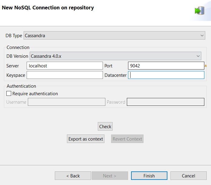 Boîte de dialogue New NoSQL Connection on repository (Nouvelle connexion NoSQL dans le référentiel) affichant les détails de la connexion à Cassandra.
