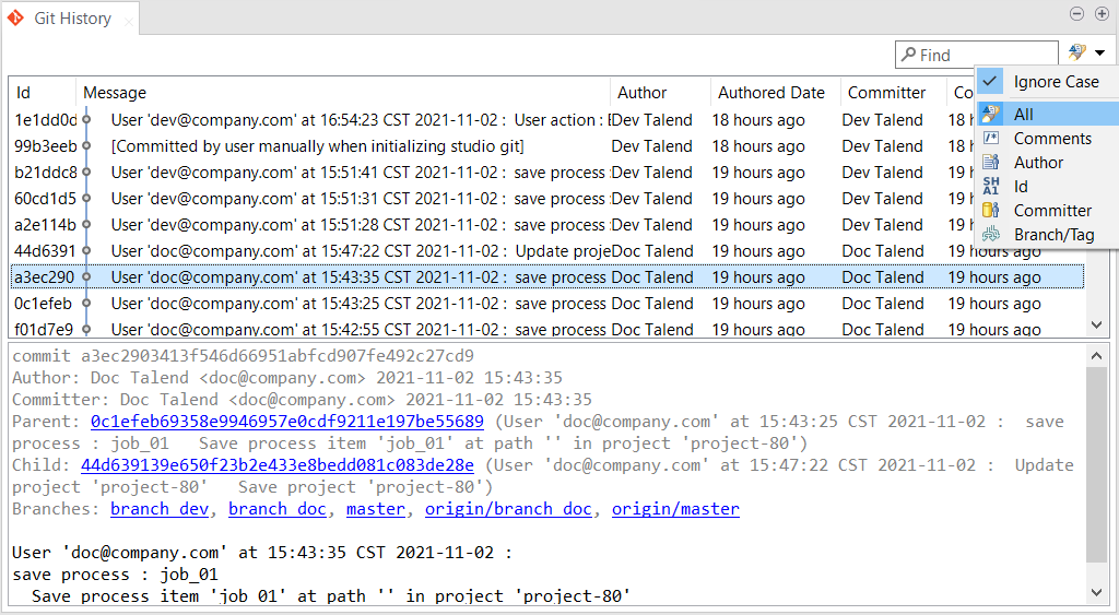 Vue Git History (Historique Git).