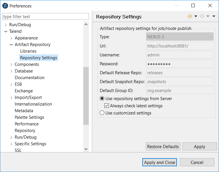 Section Repository Settings (Paramètres du référentiel) de la fenêtre Preferences (Préférences).