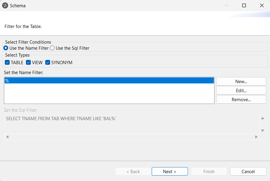 Boîte de dialogue Filter for the Table (Filtre pour la table).