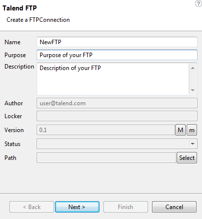 Boîte de dialogue Talend FTP.