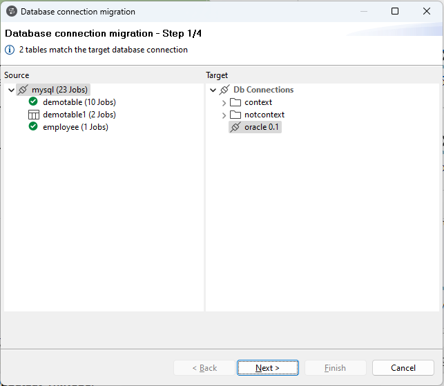 Boîte de dialogue "Database connection migration - Step 1/4 (Migration de la connexion à la base de données - Étape 1/4".