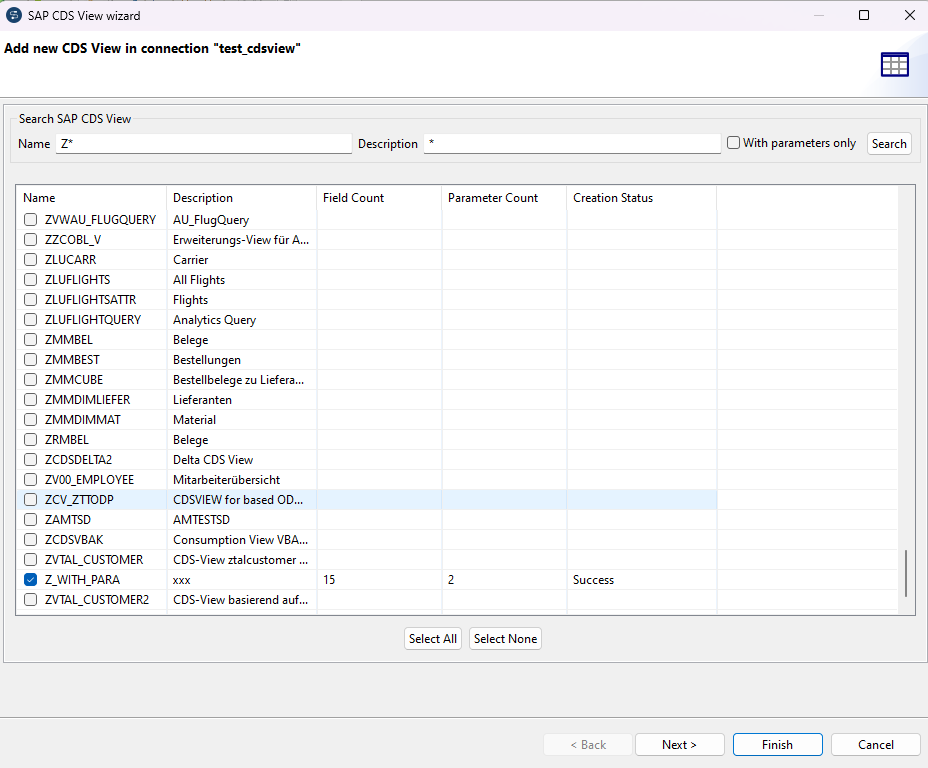 Boîte de dialogue SAP CDS View wizard (Assistant de la Vue SAP CDS).