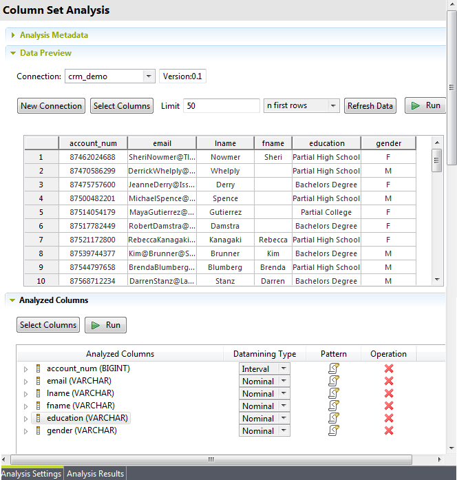 Vue d'ensemble de l'aperçu des données (Data Preview) dans l'onglet Analysis Settings (Paramètres d'analyse).