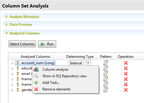 Menu contextuel d'une colonne dans la section Analyzed Columns (Colonnes analysées).